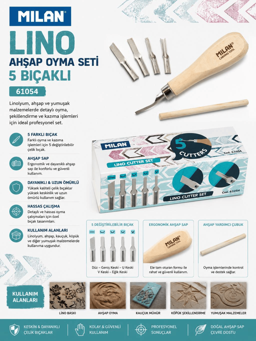 Mılan 61054 Lino Ahşap Oyma Seti 5 Bıçaklı
