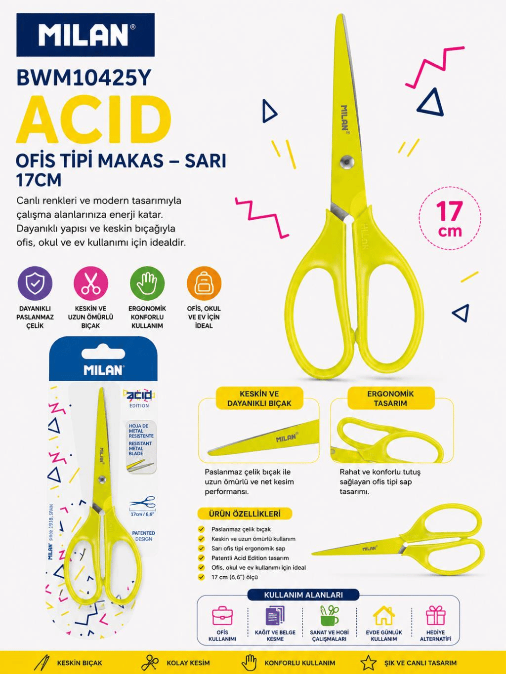 Milan BWM10425Y Acid Ofis Tipi Makas Sarı 17 cm