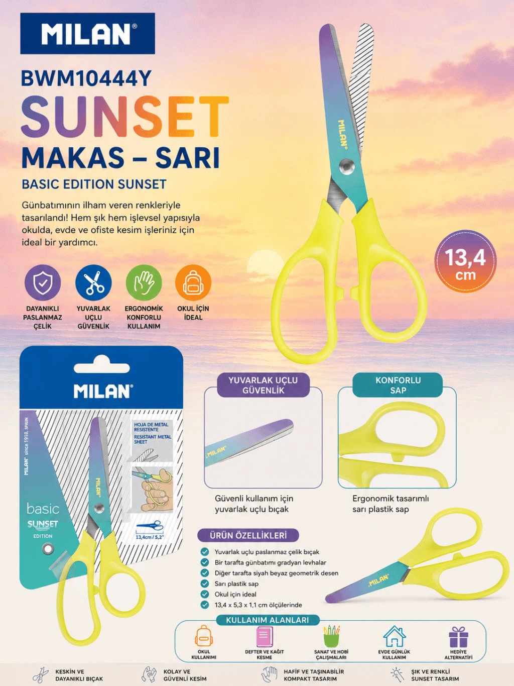 Milan BWM10444Y Sunset Sarı 13.4 cm Okul Makası