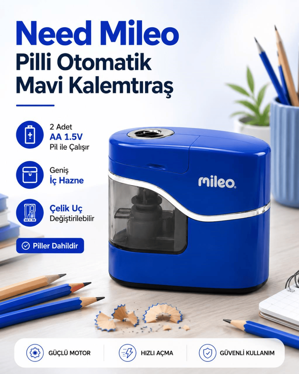 Mileo Pilli Otomatik Mavi Kalemtraş