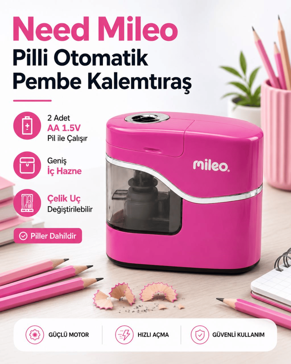 Mileo Pilli Otomatik Pembe Kalemtraş