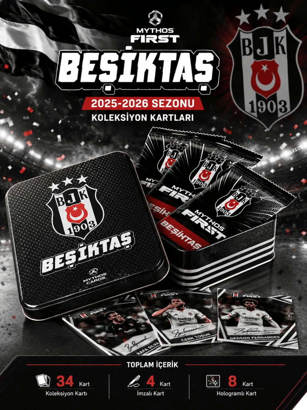MYTHOS First Beşiktaş 2025-2026 Sezonu Koleksiyon Kartları Metal Kutu | 34 Kart | Resmi Lisanslı