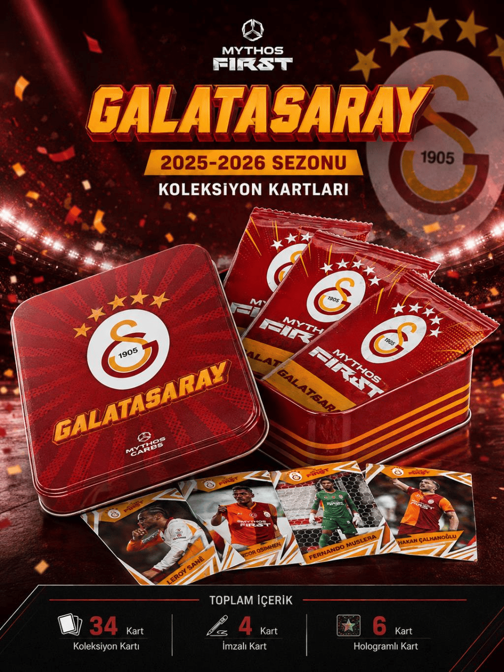 MYTHOS First Galatasaray 2025-2026 Sezonu Koleksiyon Kartları Metal Kutu | 34 Kart | Resmi Lisanslı