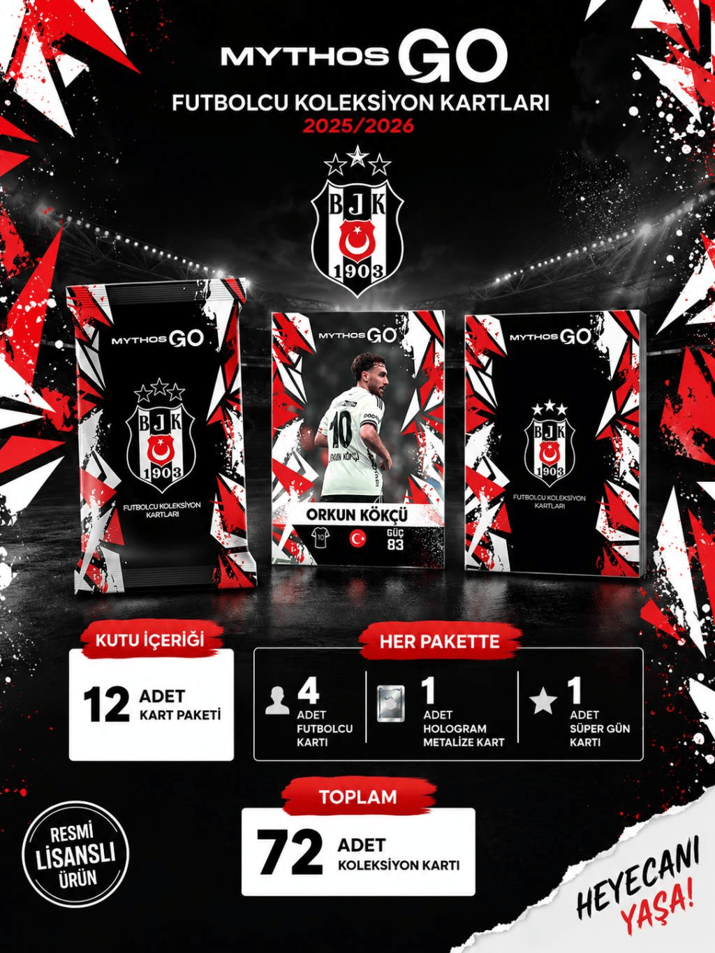 MYTHOS GO Beşiktaş Futbolcu Kartları 12'li Kutu 2025/2026 | 72 Kart | Resmi Lisanslı