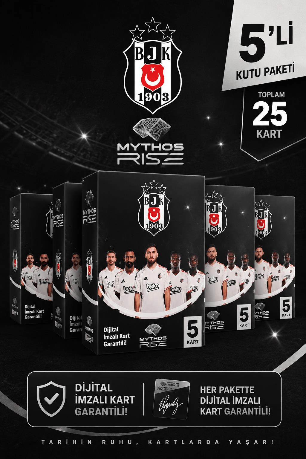 Mythos Rise Beşiktaş Futbolcu Kartları 5'li Kutu Paketi | 25 Kart | Dijital İmzalı Kart Garantili