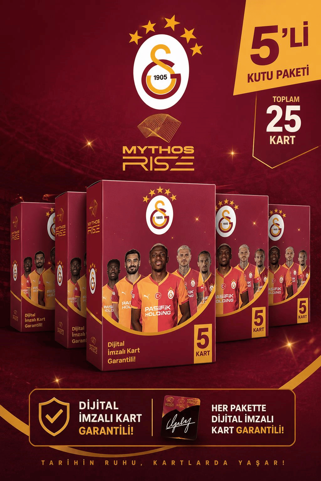 Mythos Rise Galatasaray Futbolcu Kartları 5'li Kutu Paketi | 25 Kart | Dijital İmzalı Kart Garantili
