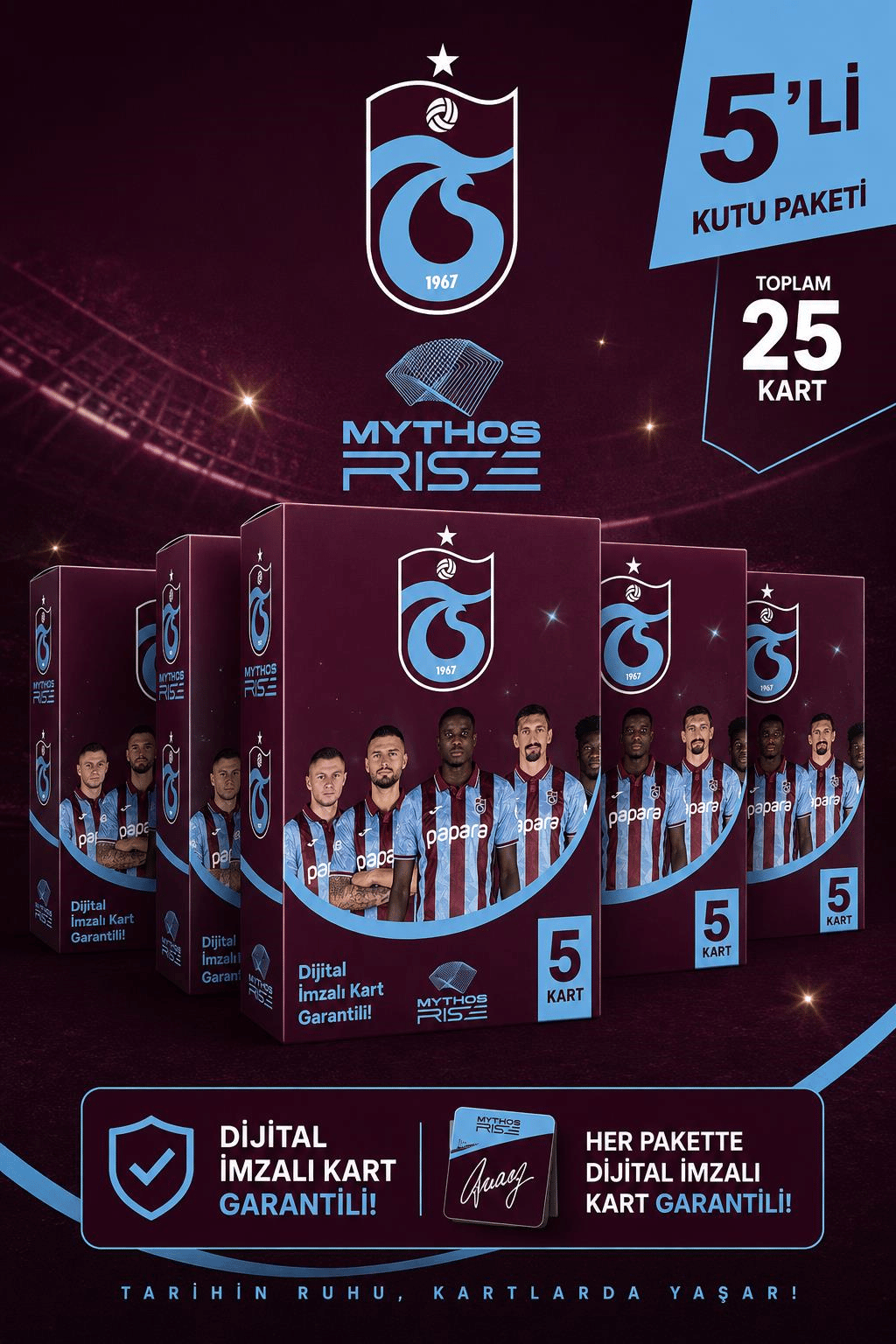 Mythos Rise Trabzonspor Futbolcu Kartları 5'li Kutu Paketi | 25 Kart | Dijital İmzalı Kart Garantili