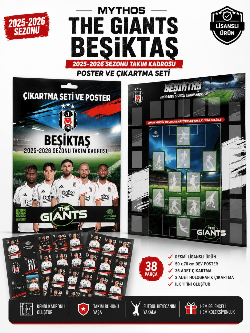 MYTHOS The Giants Beşiktaş 2025-2026 Sezonu Takım Kadrosu Poster ve Çıkartma Seti | 50 x 70 cm | 38 Parça