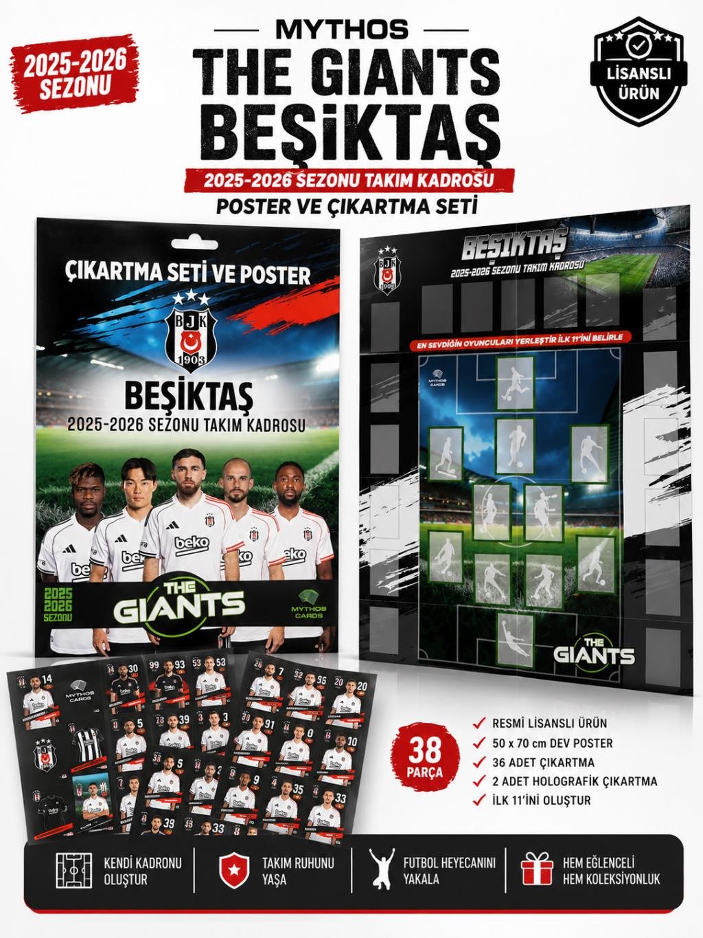 MYTHOS The Giants Beşiktaş 2025-2026 Sezonu Takım Kadrosu Poster ve Çıkartma Seti | 50 x 70 cm | 38 Parça