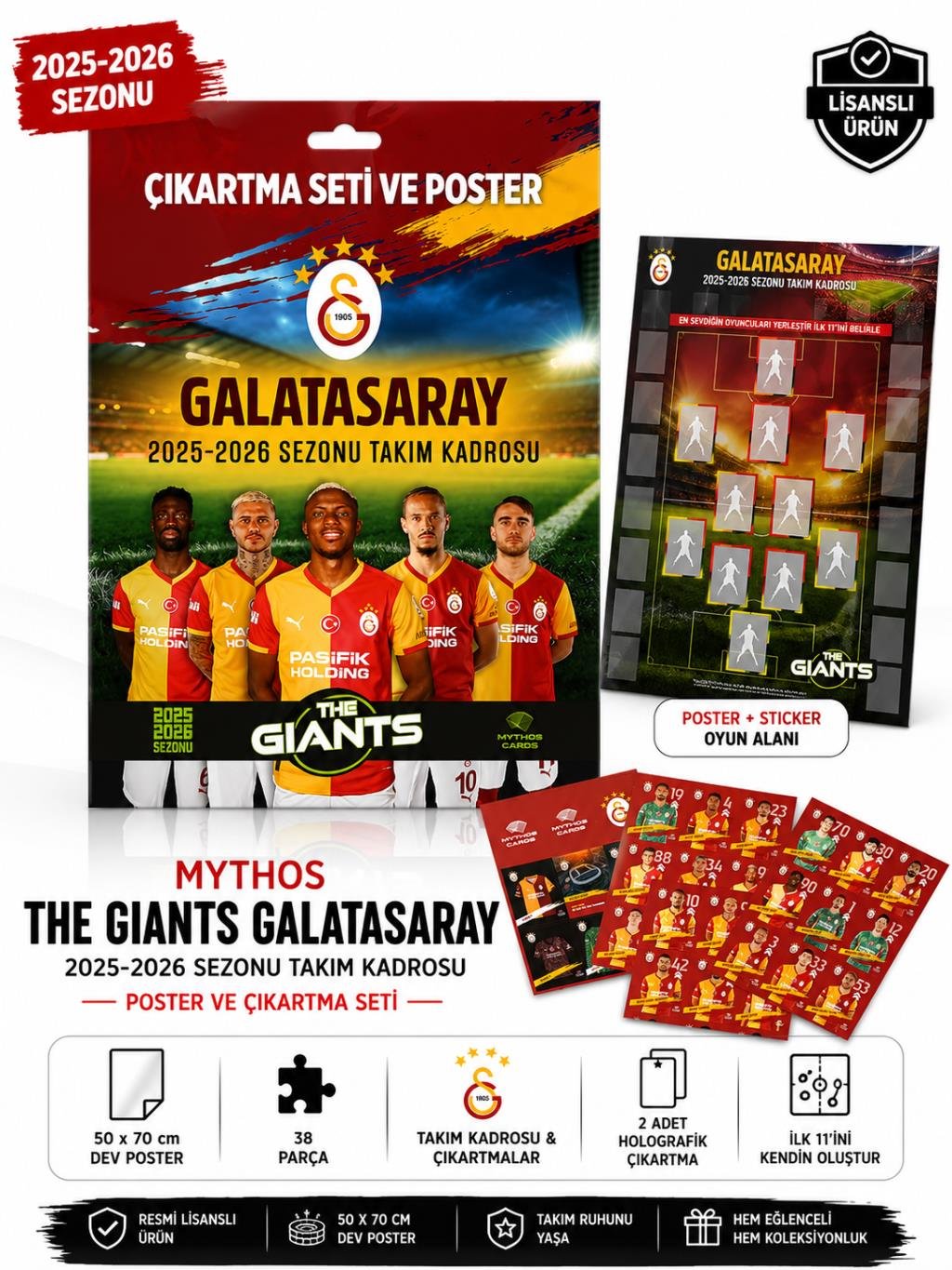 MYTHOS The Giants Galatasaray 2025-2026 Sezonu Takım Kadrosu Poster ve Çıkartma Seti | 50 x 70 cm | 38 Parça