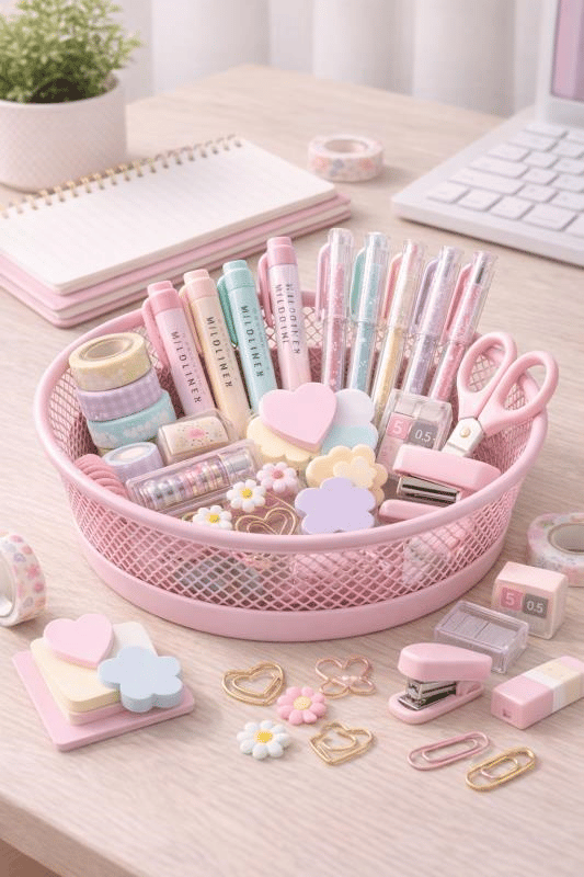 ND-2110 Çok Amaçlı Toz Pembe Metal Organizer – Kırtasiye, Makyaj ve Saç Aksesuar Sepeti