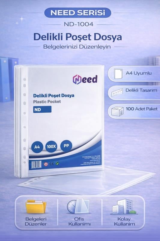 NEED Delikli Poşet Dosya A4 – ND-1004, 100’lü Paket, PP Şeffaf Dosya