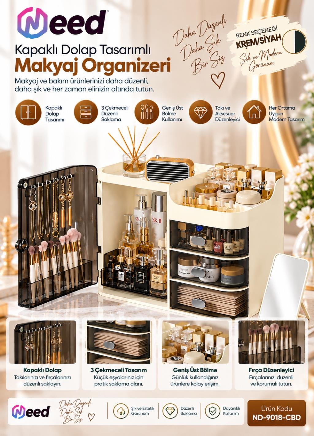 Need Kapaklı Dolap Tasarımlı 3 Çekmeceli Makyaj Organizeri ve Takı Düzenleyici – Krem/Siyah – ND-9018-CBD