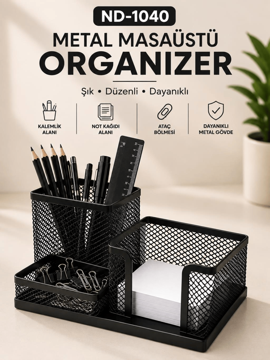 Need ND-1040 Metal Mesh Masaüstü Organizer – 3 Bölmeli Çok Amaçlı Düzenleyici | Siyah