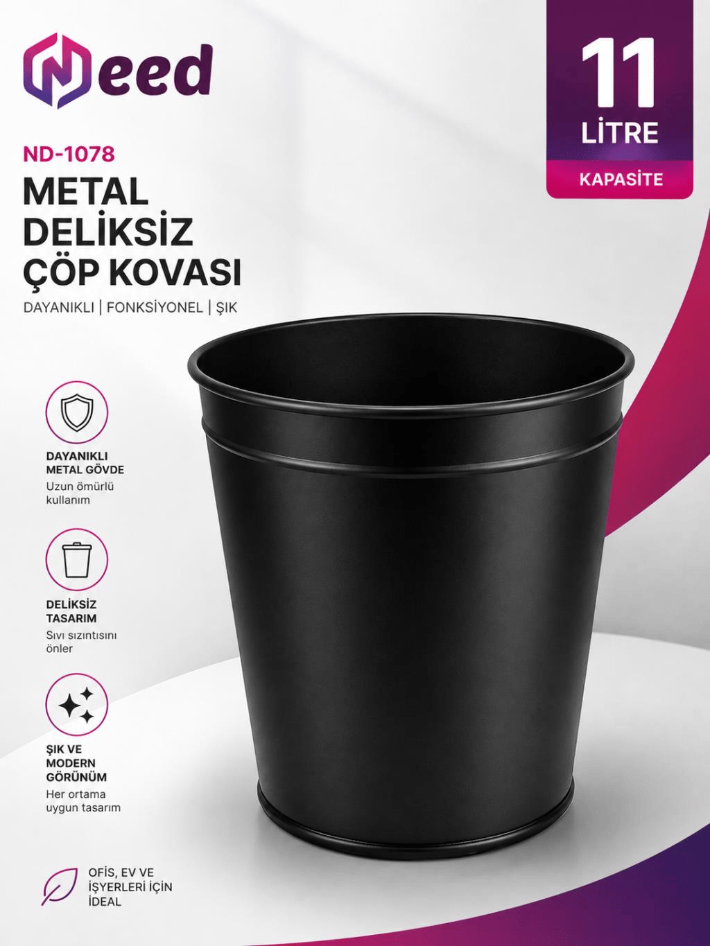 Need ND-1078 Metal Deliksiz Siyah Çöp Kovası 11 Litre
