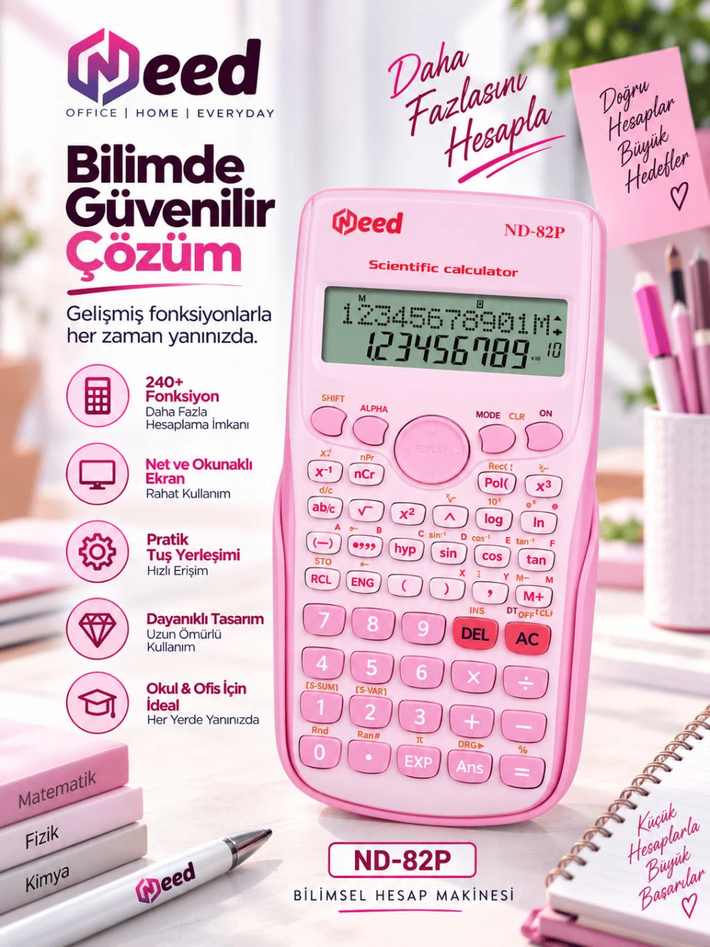 Need ND-82P Pembe 240 Fonksiyonlu Bilimsel Hesap Makinesi