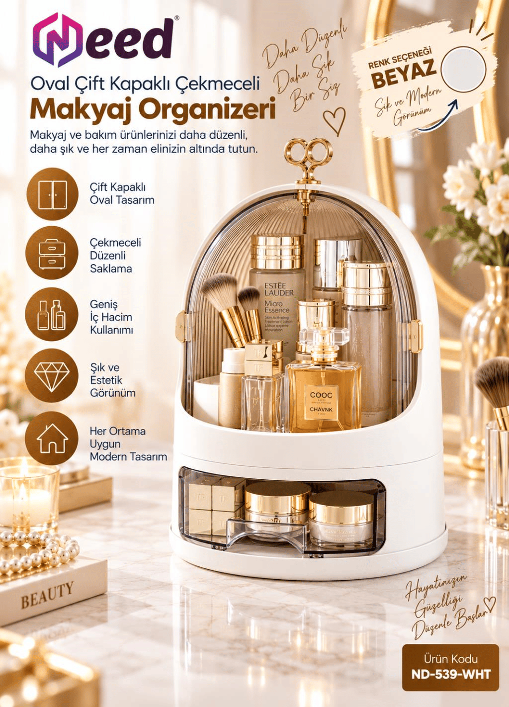 Need Oval Çift Kapaklı Çekmeceli Makyaj ve Kozmetik Organizeri – Beyaz – ND-539-WHT