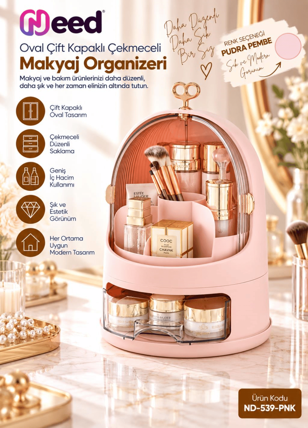 Need Oval Çift Kapaklı Çekmeceli Makyaj ve Kozmetik Organizeri – Pudra Pembe – ND-539-PNK