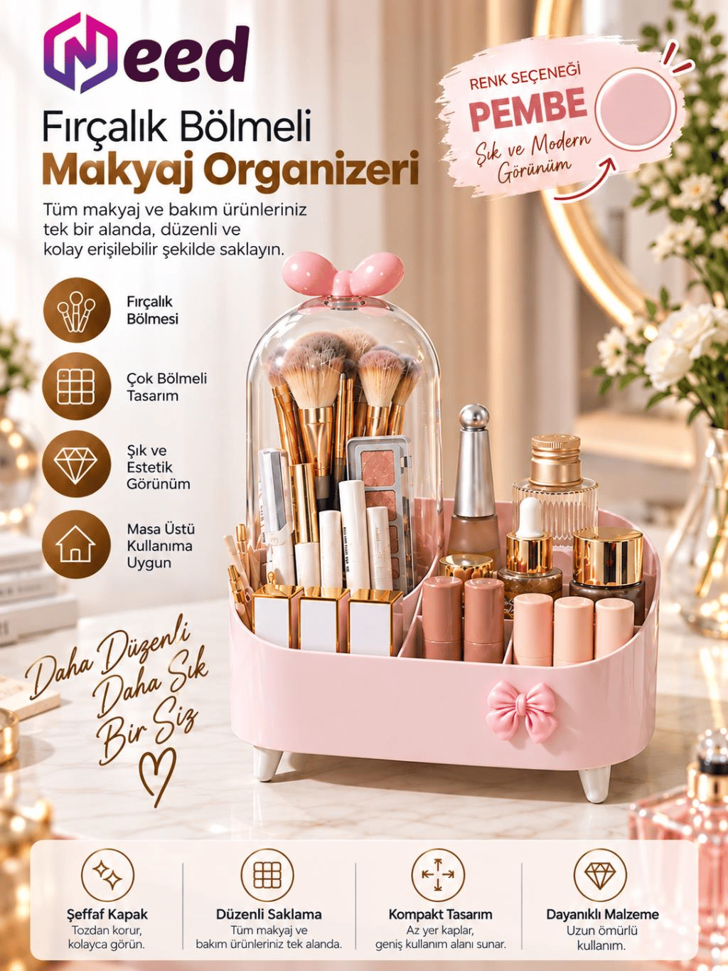 Need Şeffaf Kapaklı Toz Korumalı Fırçalık Bölmeli Makyaj Organizeri Kozmetik Düzenleyici – Pembe ND-8069-PNK