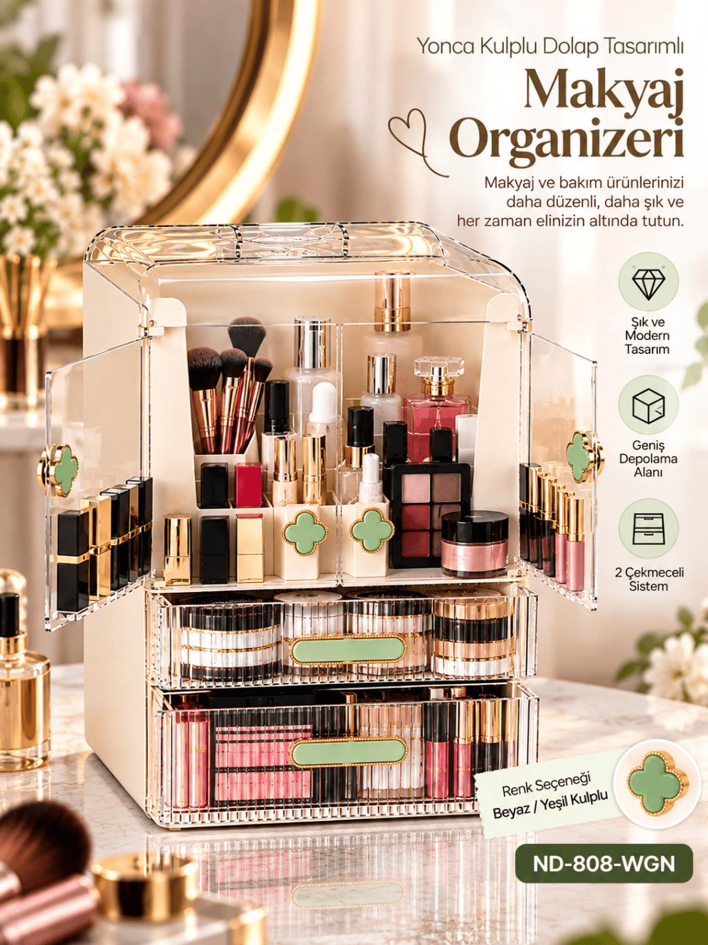 Need Yonca Kulplu Dolap Tasarımlı Çekmeceli Makyaj ve Kozmetik Organizeri – Beyaz / Yeşil Kulp – ND-808-WGN