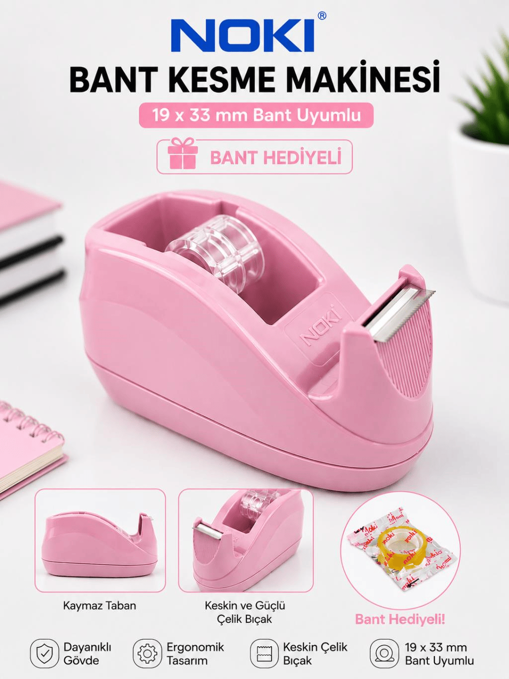 Noki Bant Kesme Makinesi Toz Pembe | 12 x 33 ve 19 x 33 mm Bant Uyumlu + Bant Hediyeli