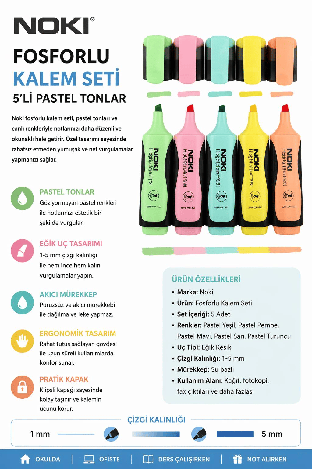 Noki Fosforlu Kalem Seti 5'Li Pastel Tonlar