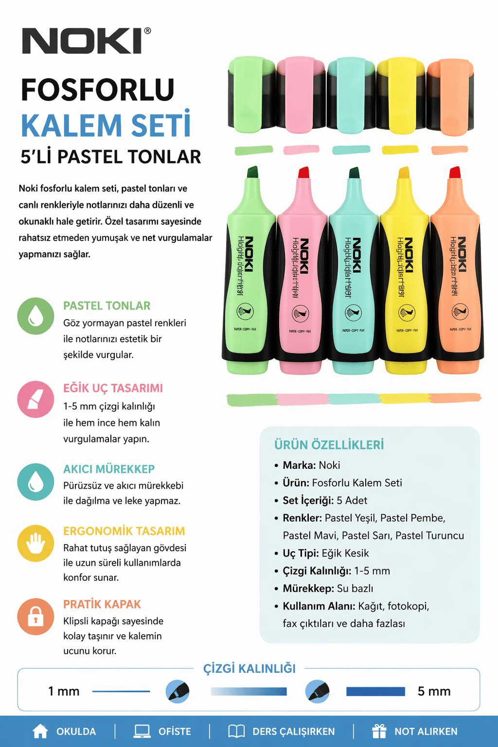 Noki Fosforlu Kalem Seti 5'Li Pastel Tonlar