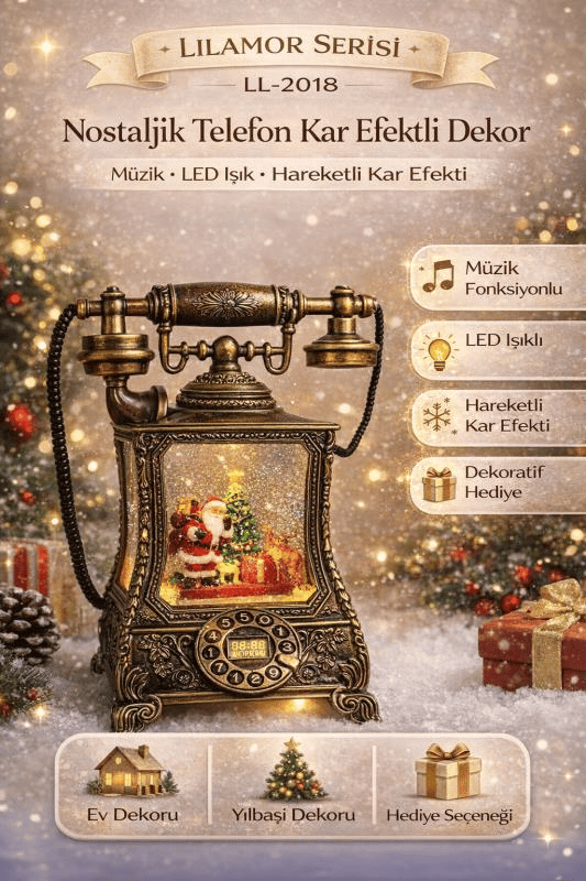 Nostaljik Telefon, müzik fonksiyonlu, LED ışıklı ve hareketli kar, Noel Baba'nın gelişinin gizemi, Bronz kahverengi 32X17X8 cm