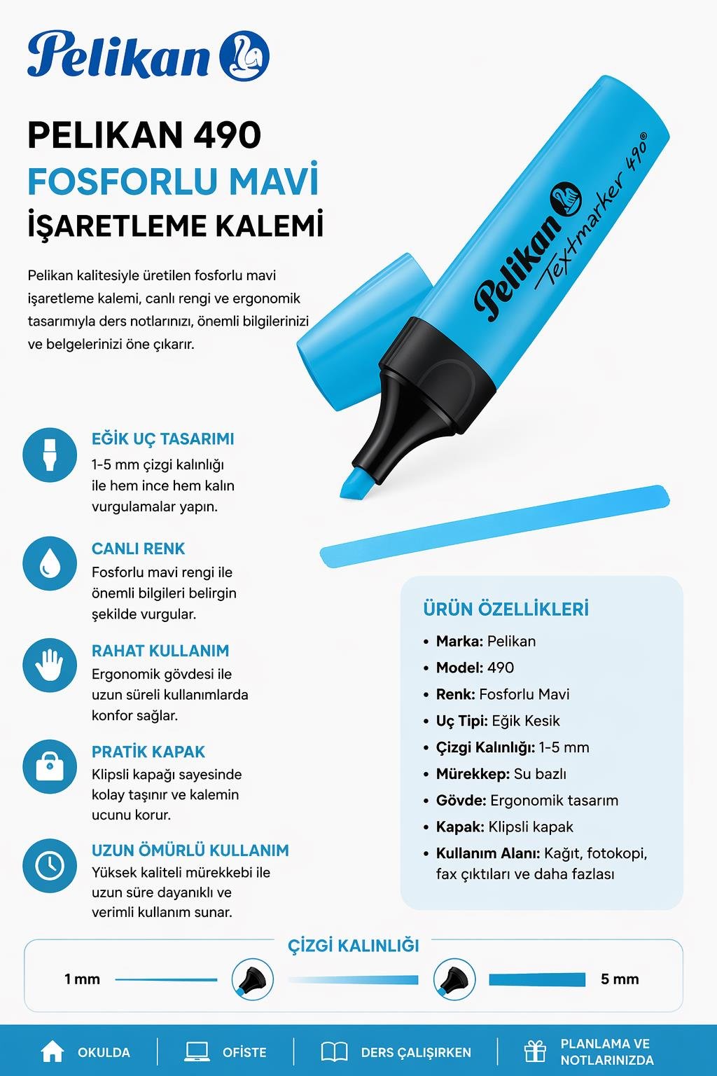 Pelikan 490 Fosforlu Mavi İşaretleme Kalemi