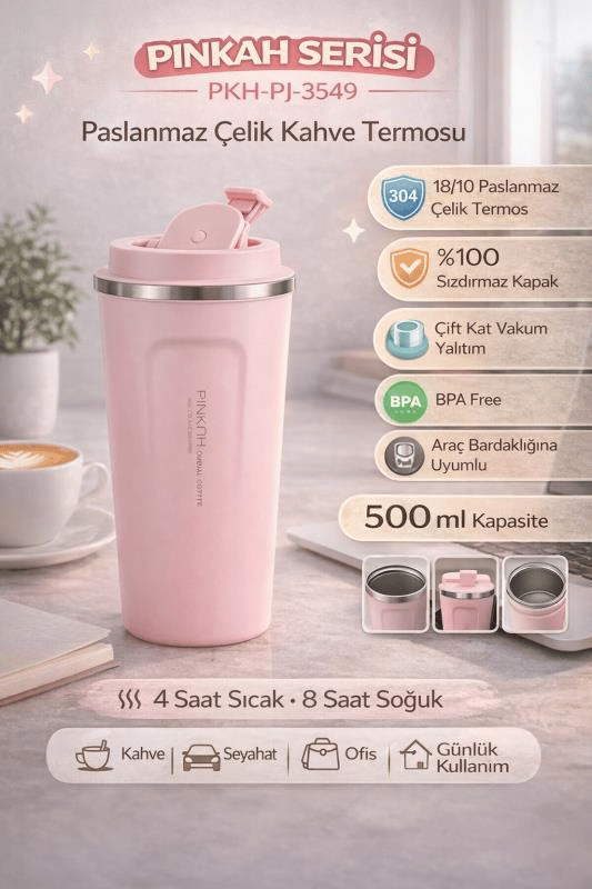 Pinkah Paslanmaz Çelik Kahve Termos Bardak Matara 500 ml Pembe Renk – PKH-PJ-3549-L