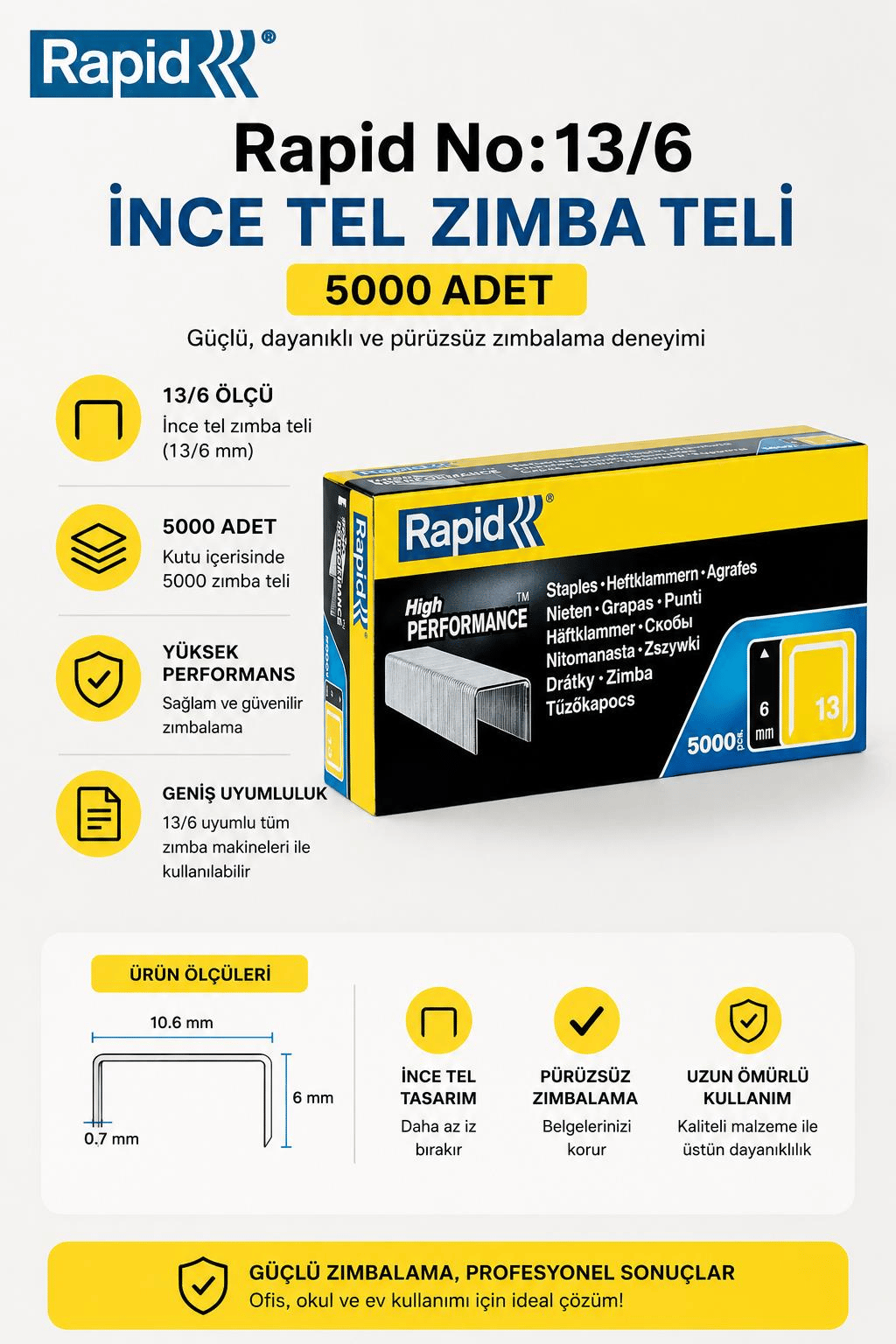 Rapid No:13/6 İnce Tel Zımba Teli 5000 Adet
