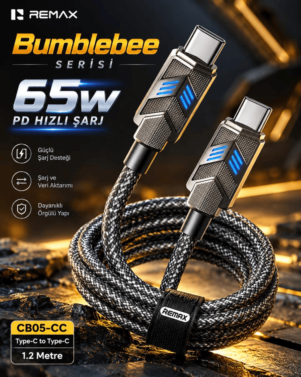 REMAX CB05-CC Bumblebee Serisi 65W PD Type-C to Type-C LED Işıklı Çinko Alaşımlı Örgülü Hızlı Şarj ve Data Kablosu 1.2 Metre Siyah