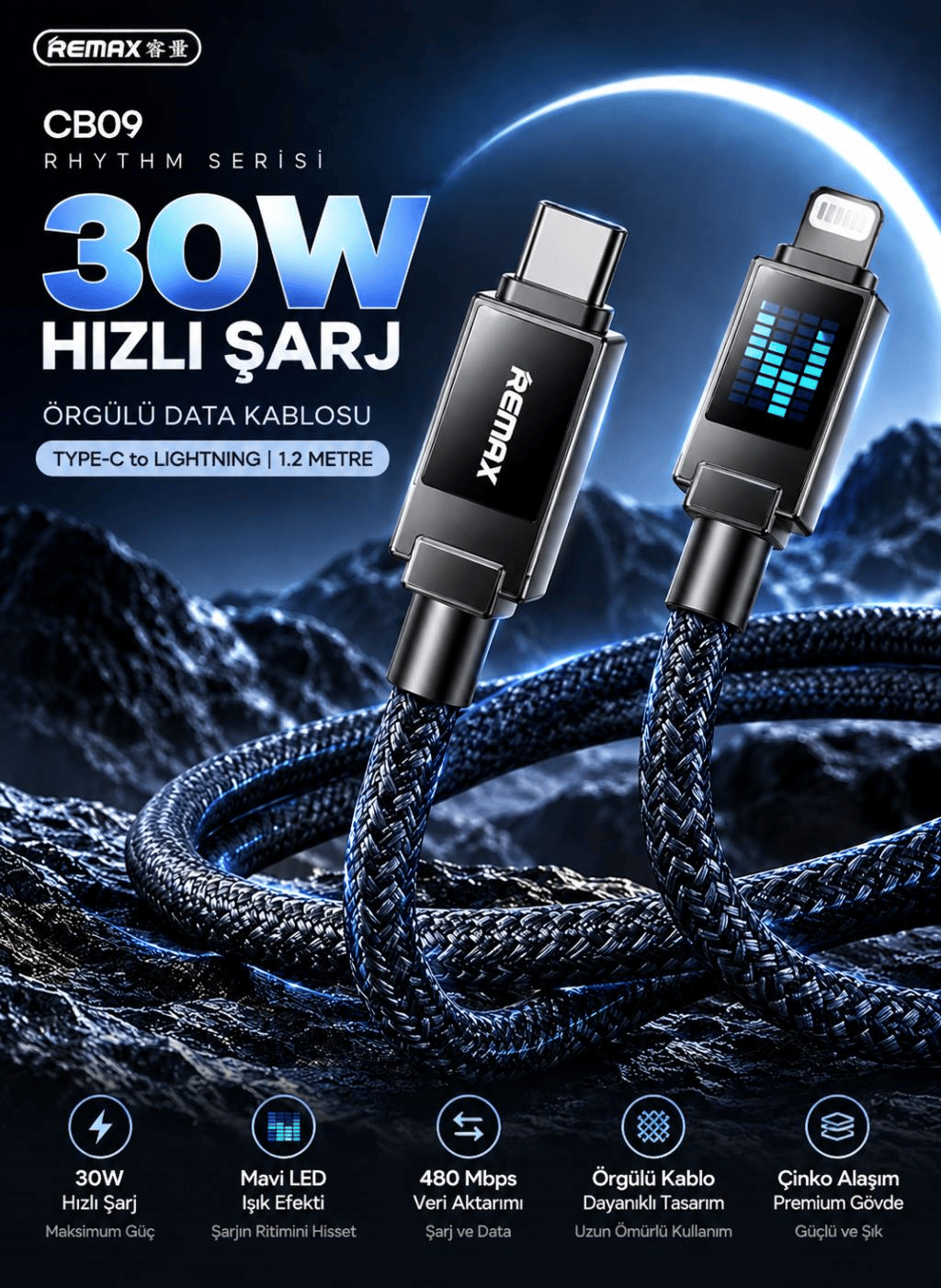 REMAX CB09-CL Rhythm Serisi 30W Type-C to Lightning Mavi LED Işıklı Örgülü Hızlı Şarj ve Data Kablosu 1.2 Metre