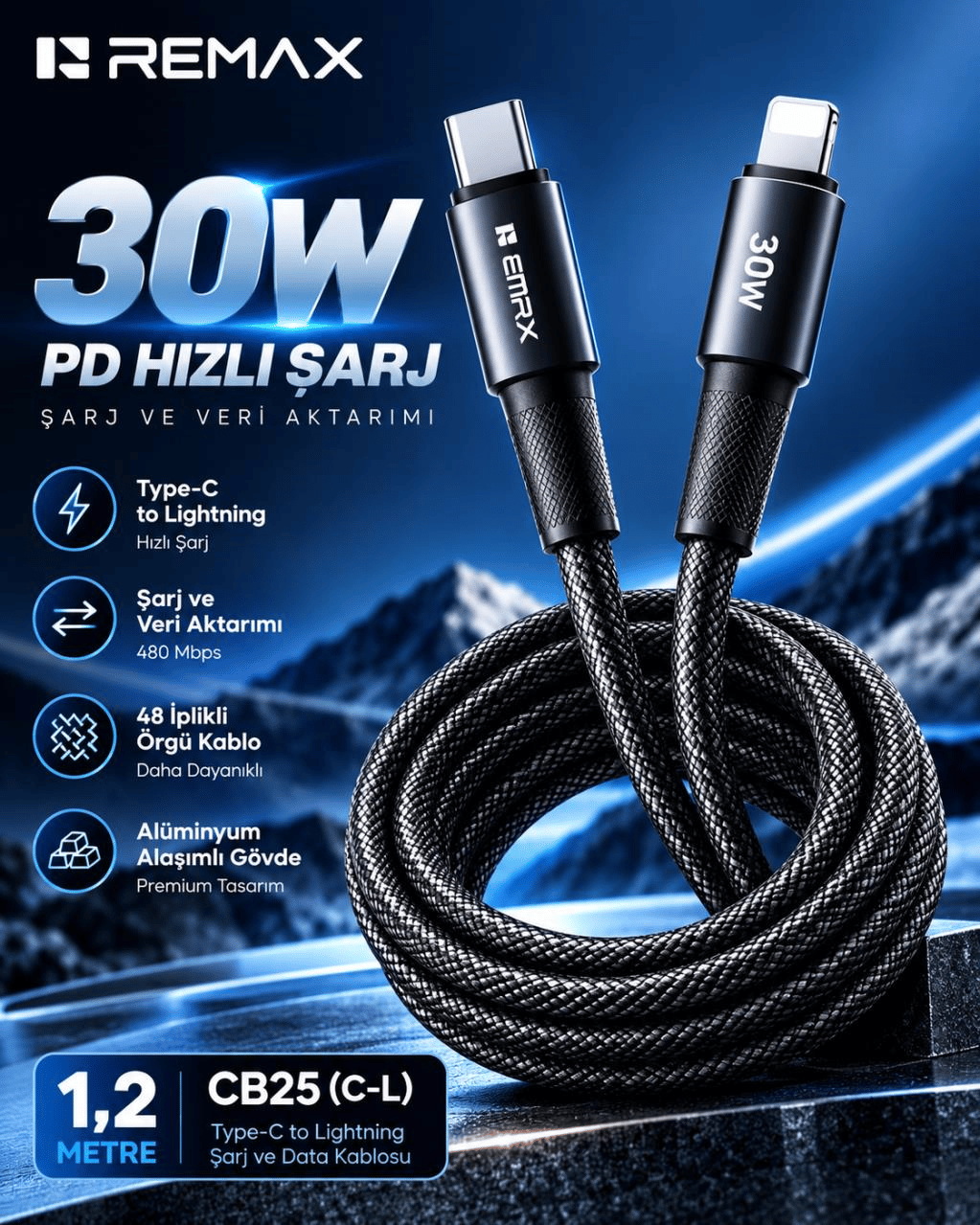 REMAX CB25 30W PD Type-C to Lightning Örgülü Hızlı Şarj ve Data Kablosu 1.2 Metre Siyah