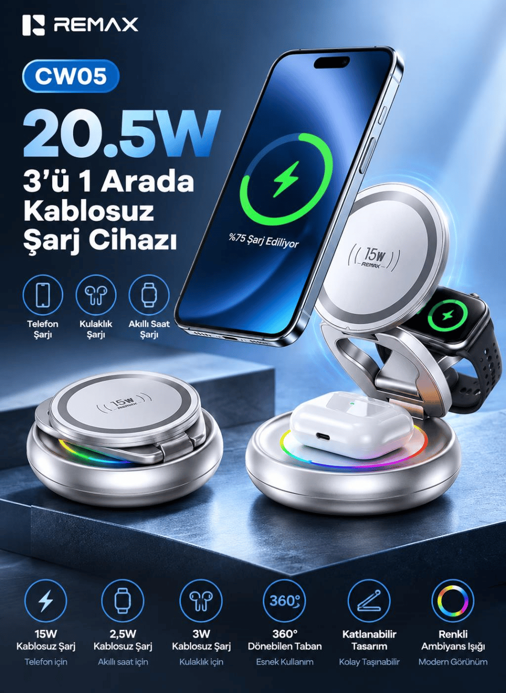 REMAX CW05 20,5W 3'ü 1 Arada Katlanabilir Manyetik Kablosuz Şarj İstasyonu, 360° Döner Taban, 7 Renk LED Işıklı, Gümüş