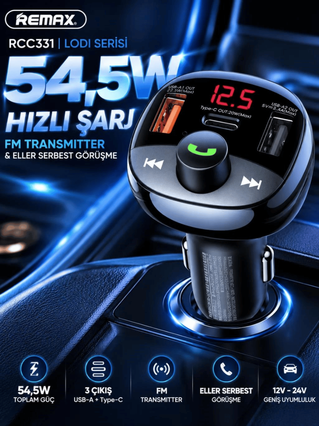 REMAX RCC331 Lodi Serisi 54,5W PD+QC Hızlı Şarjlı FM Transmitter 2 USB-A / 1 USB-C Araç Şarj Cihazı