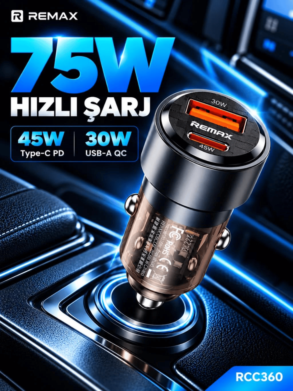 REMAX RCC360 75W PD 45W Type-C ve QC 30W USB-A Şeffaf Araç Şarj Cihazı