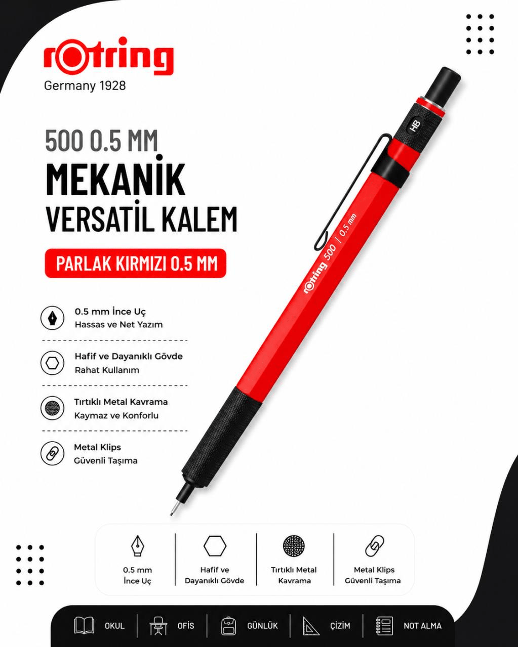 Rotring 500 Versatil Kalem Parlak Kırmızı 0.5 MM 2218726