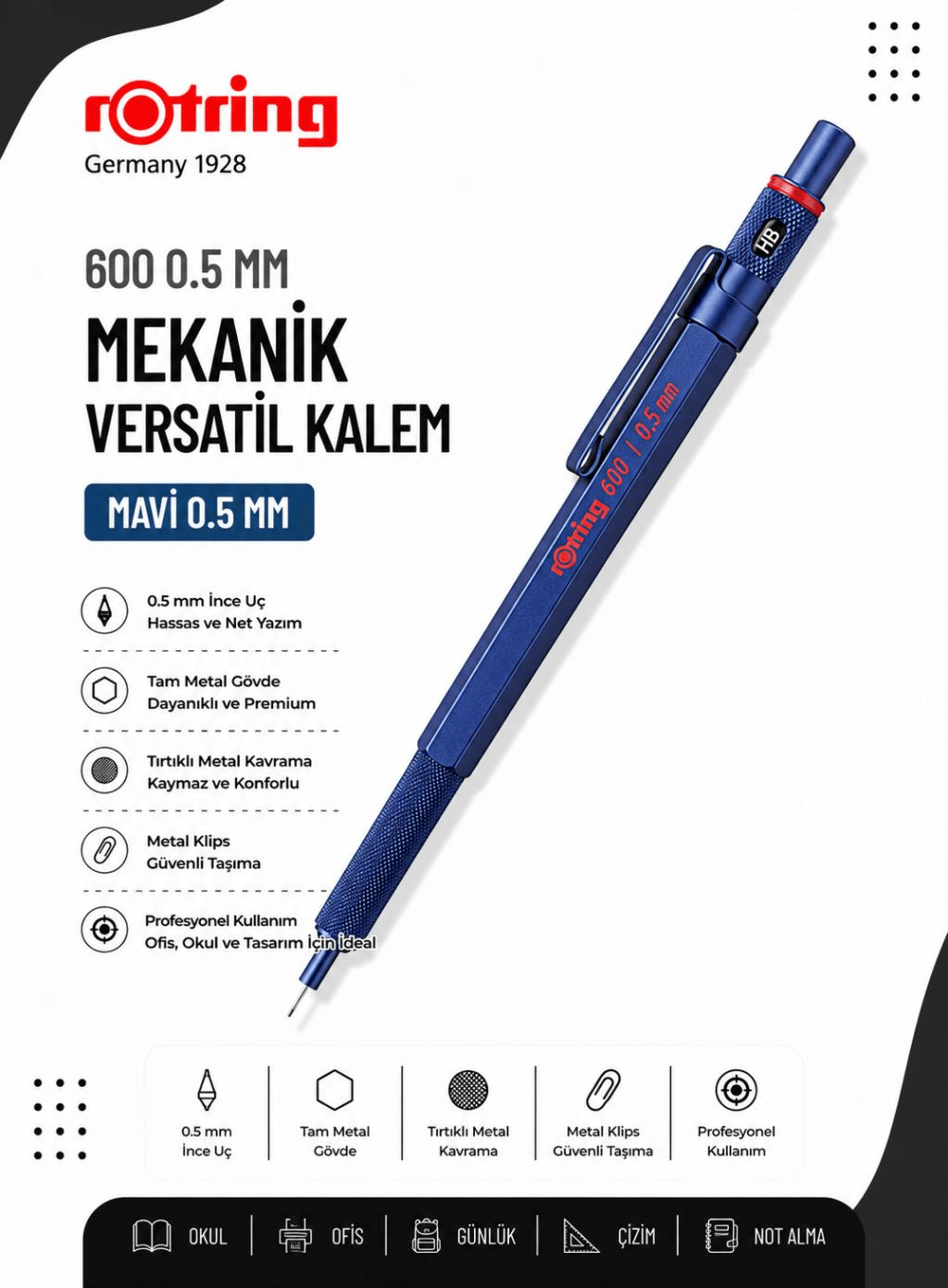 Rotring 600 Mekanik Versatil Kalem 0.5 MM Mavi 2114266