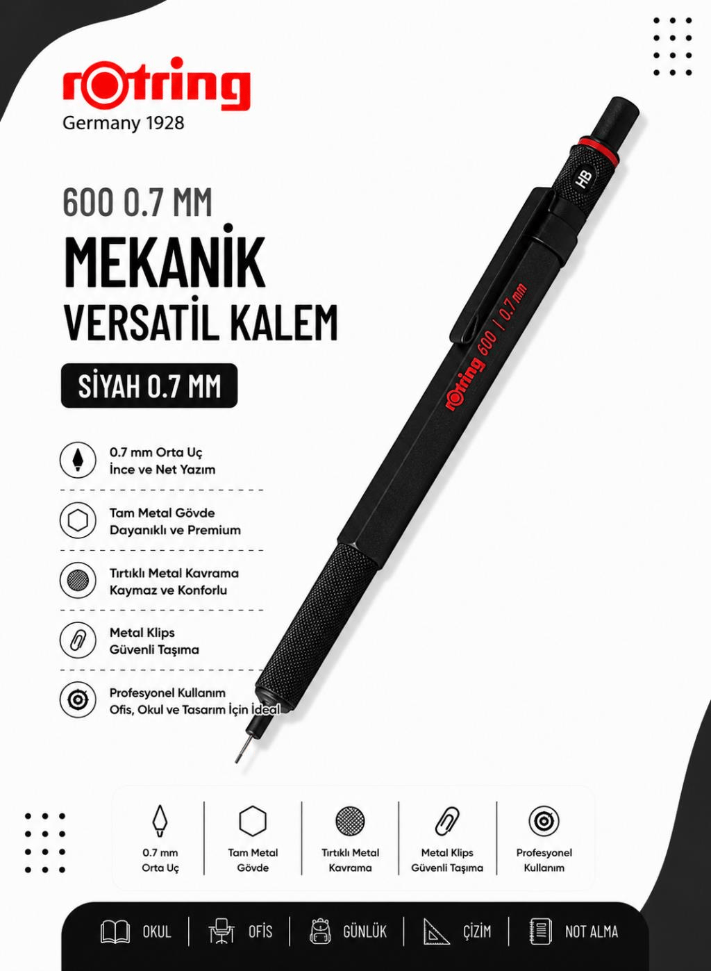Rotring 600 Mekanik Versatil Kalem 0.7 MM Siyah 1904442