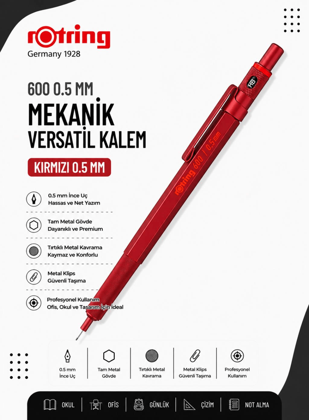 Rotring 600 Mekanik Versatil Kalem 0.5 MM Kırmızı 2114264