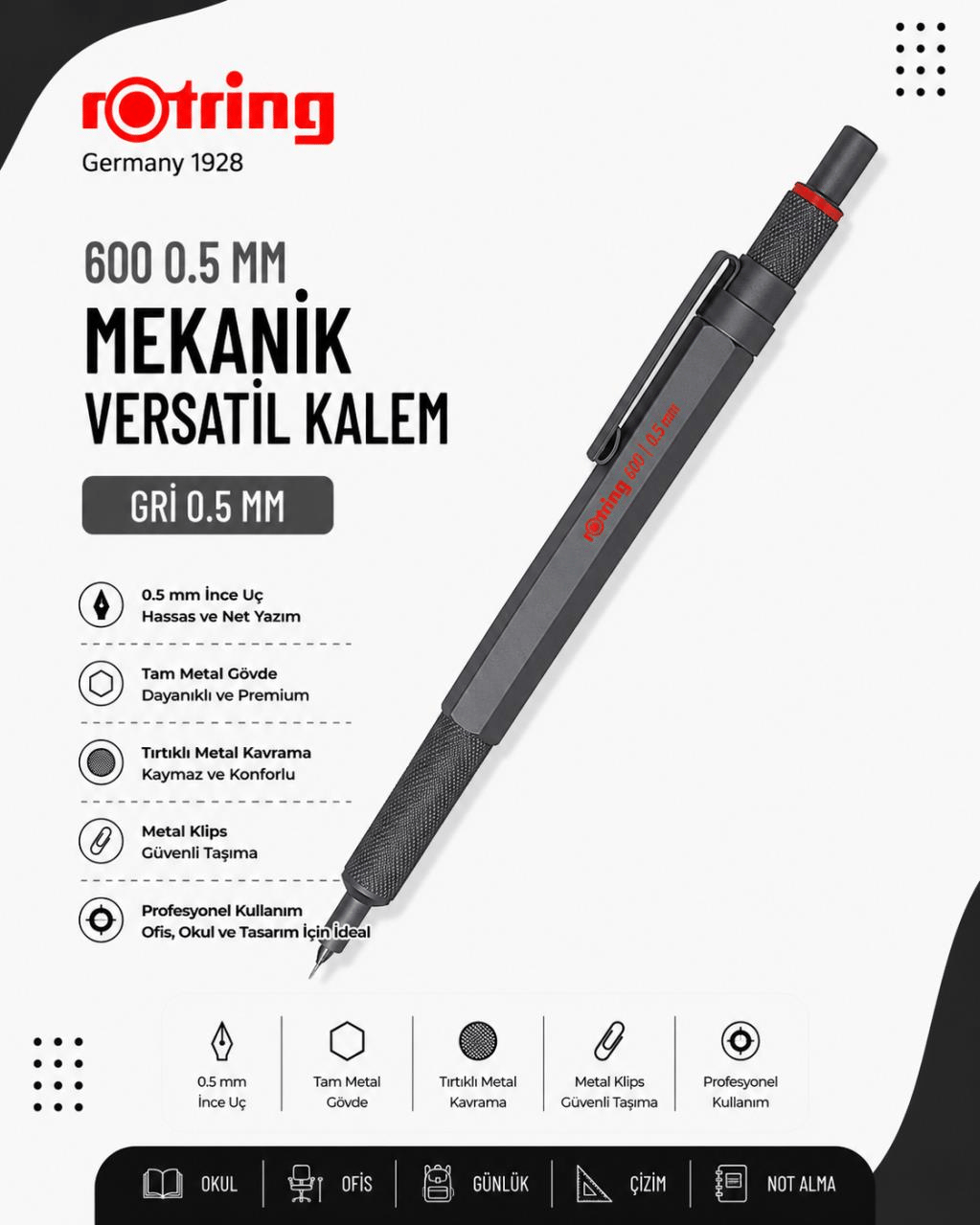 Rotring 600 Mekanik Versatil Kalem Gri 0.5 MM 2204409