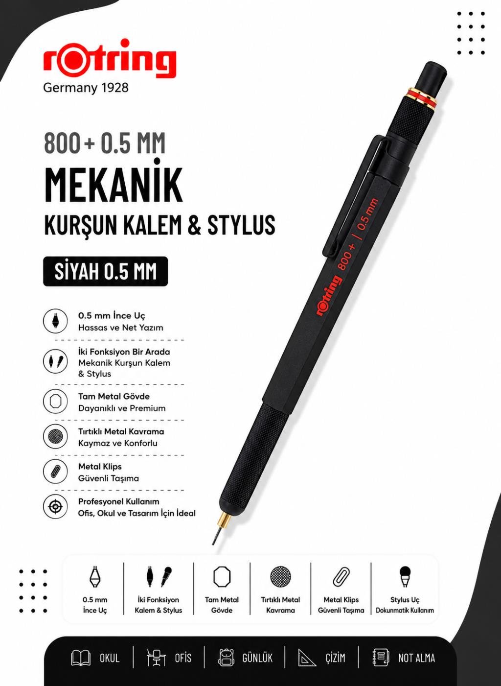 Rotring 800+ İki Fonksiyonlu Mekanik Kurşun Kalem & Stylus 0.5 mm – Siyah