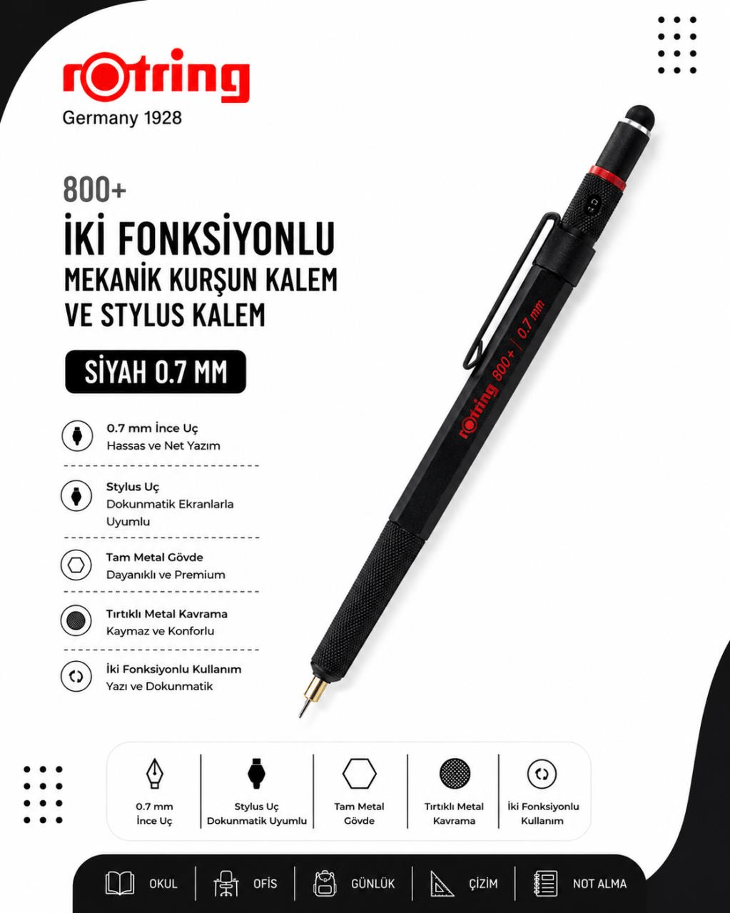 Rotring 800+ İki Fonksiyonlu Mekanik Kurşun Kalem ve Stylus Kalem 0.7 mm – Siyah