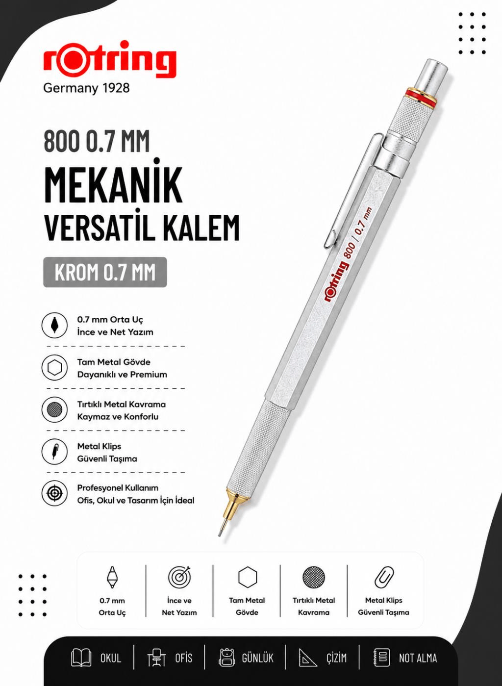 Rotring 800 Mekanik Versatil Kalem 0.7 MM Krom 1904448