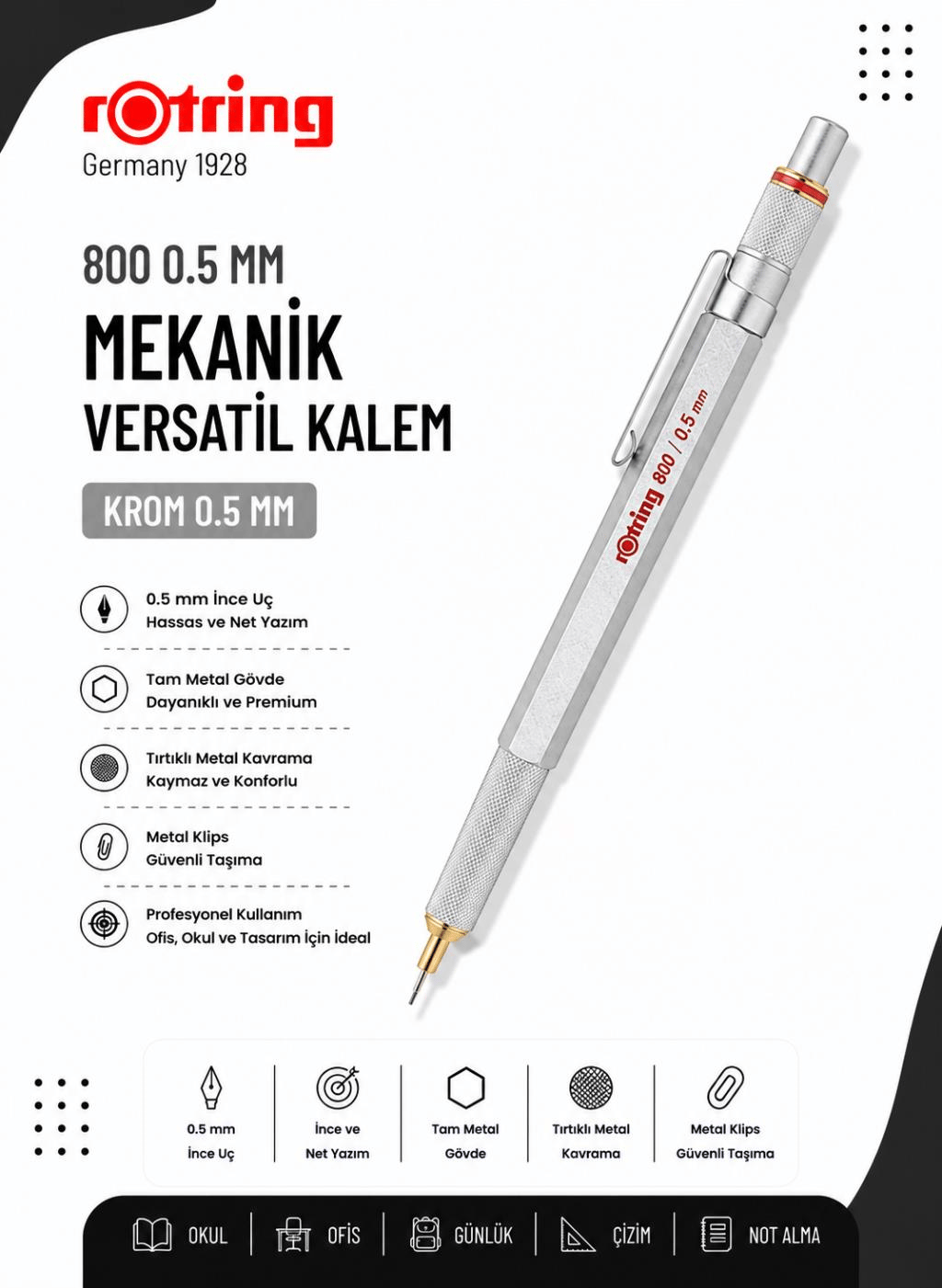 Rotring 800 Mekanik Versatil Kalem 0.5 MM Krom 1904449