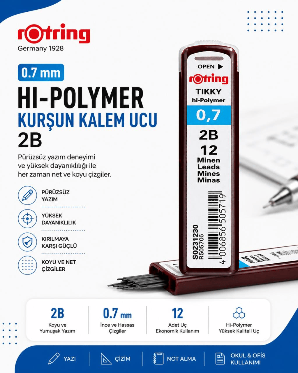 Rotring Hi-Polymer Kurşun Kalem Ucu 0.7 mm (2B)  -S0231230