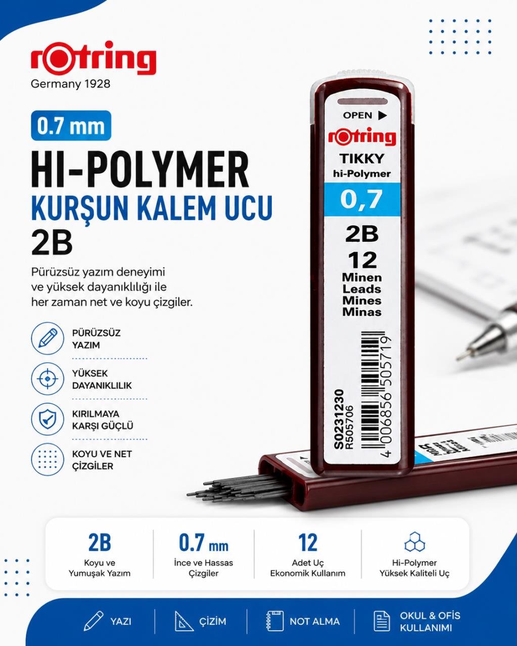 Rotring Hi-Polymer Kurşun Kalem Ucu 0.7 mm (2B)  -S0231230