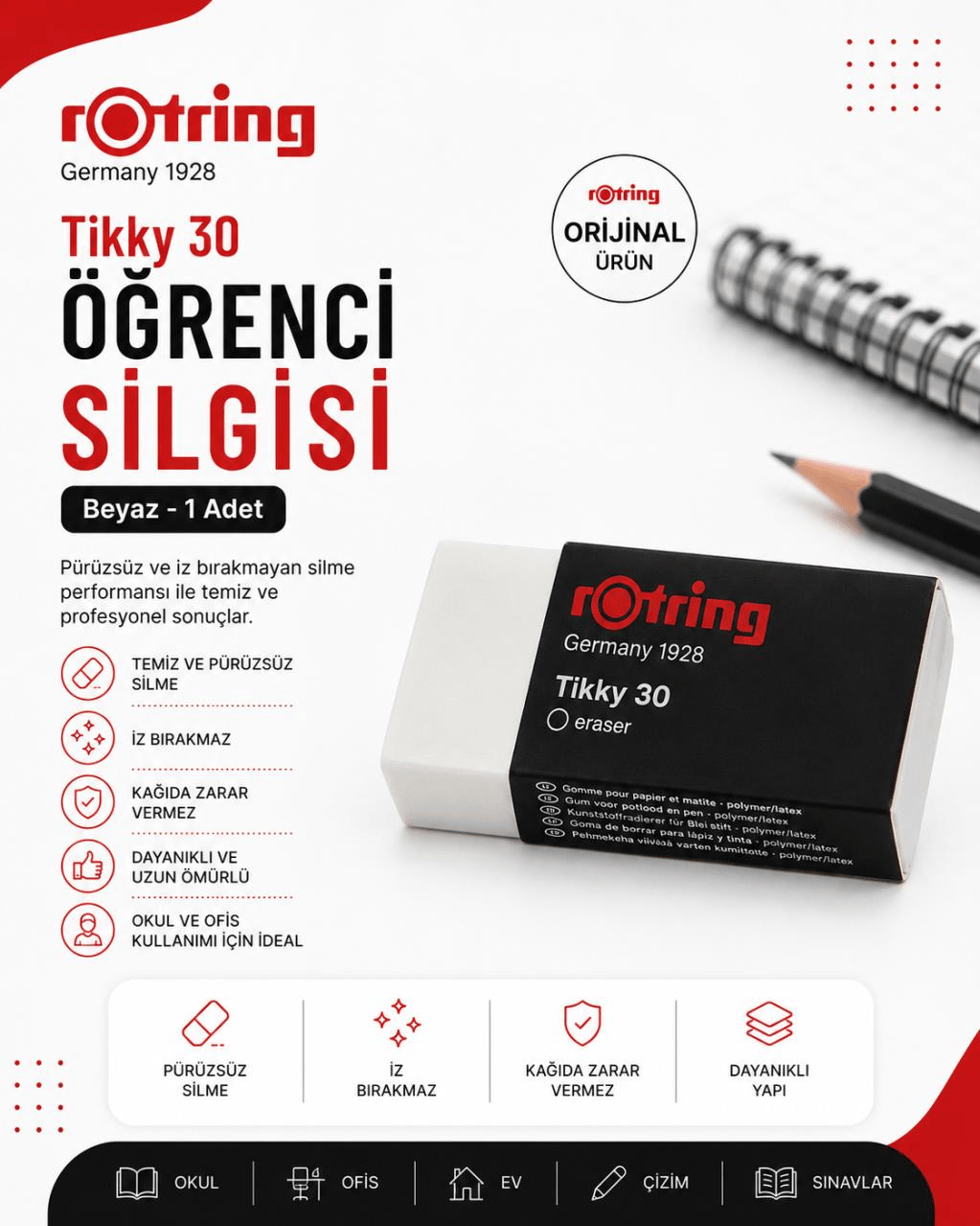 Rotring Öğrenci Silgisi Tikky 30 Beyaz - 1 Adet