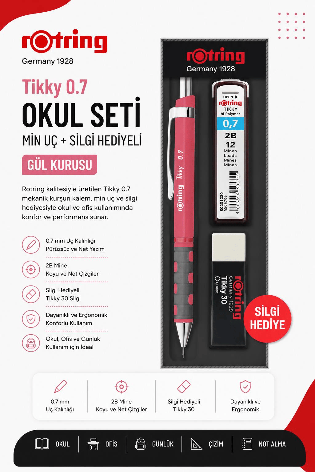 Rotring Okul Seti Tikky Min Silgi 3 LÜ 0.7 MM Gül Kuru RO-KK07-07-Gül Kurusu